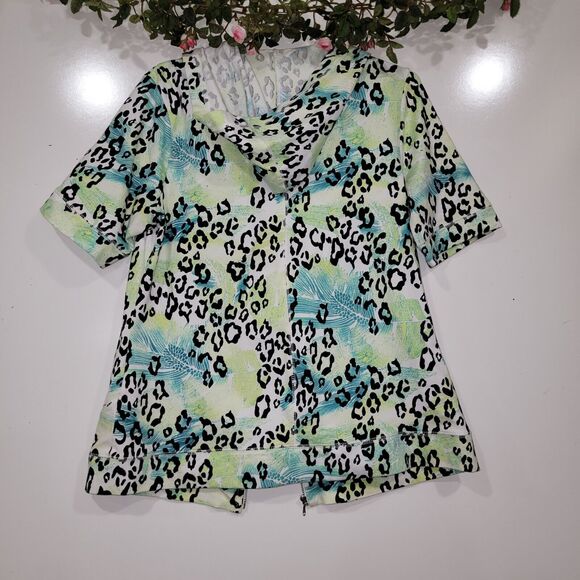 Weekends By Chicos Size 1 Medium Leopard Leaf Print Hooded Jacket Coastal Resort - Picture 2 of 8